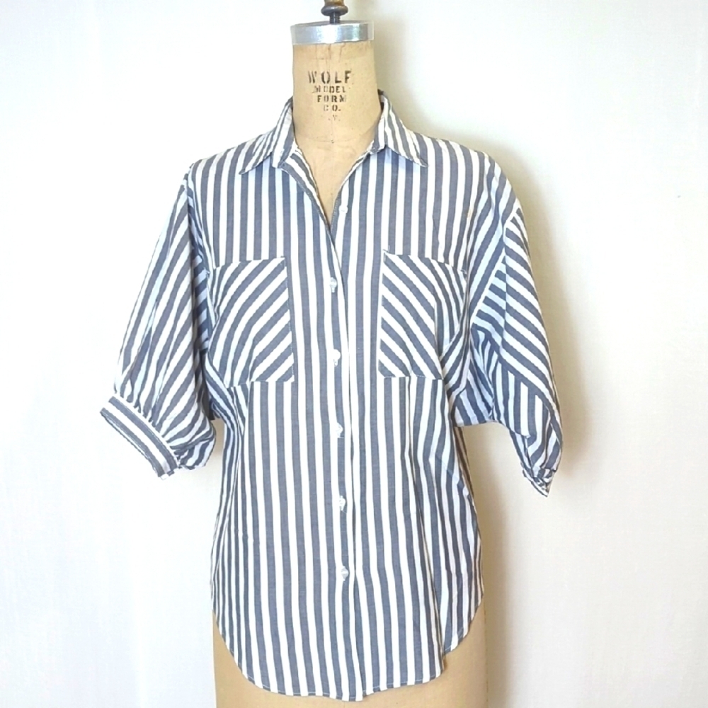 Gray and White Striped Shirt Button Down Medium